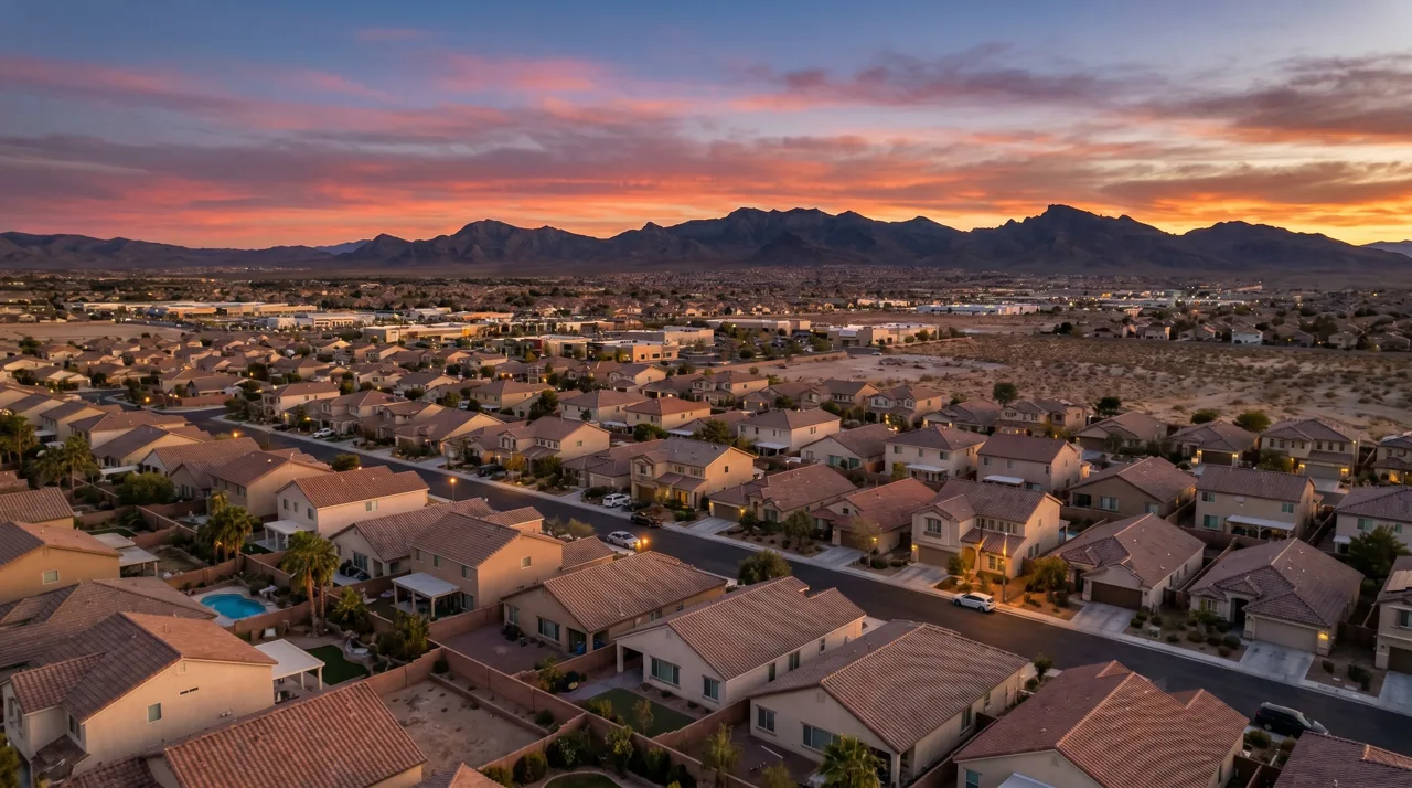 Aerial view of Las Vegas valley neighborhoods with mountains in the background at sunset