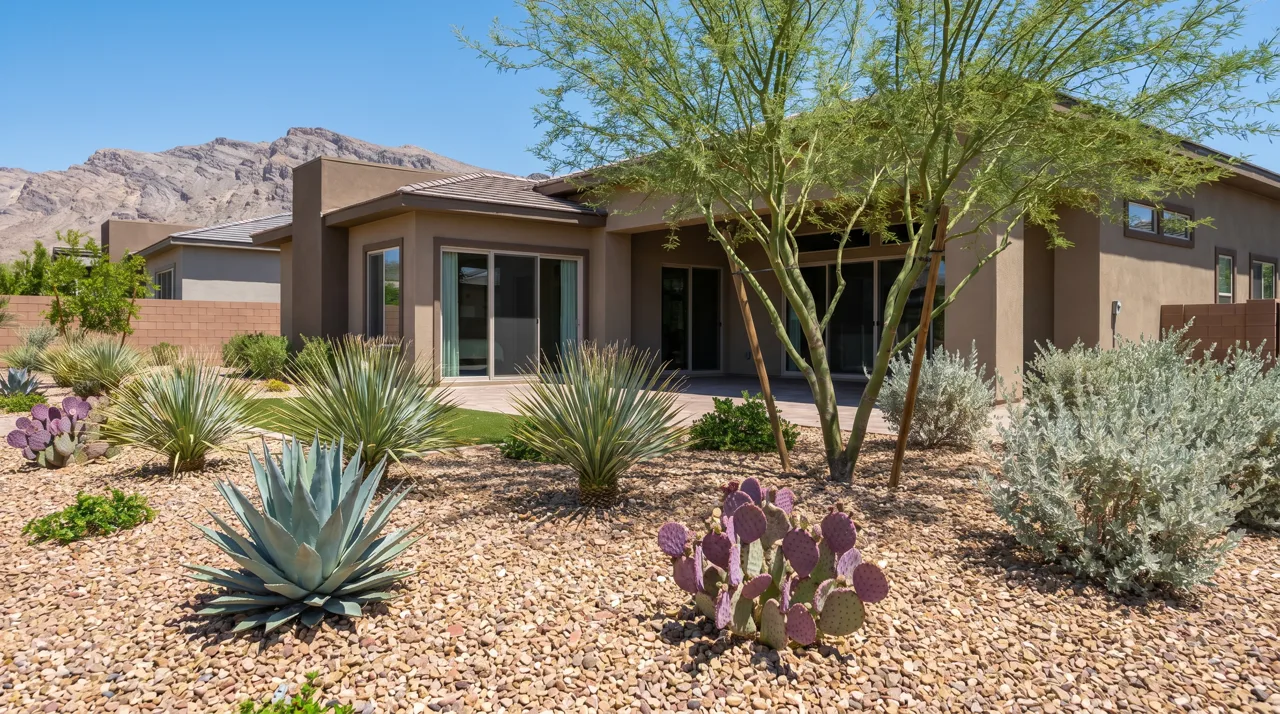 Modern Las Vegas backyard with desert xeriscaping, decorative rocks, and drought-tolerant plants instead of a grass lawn