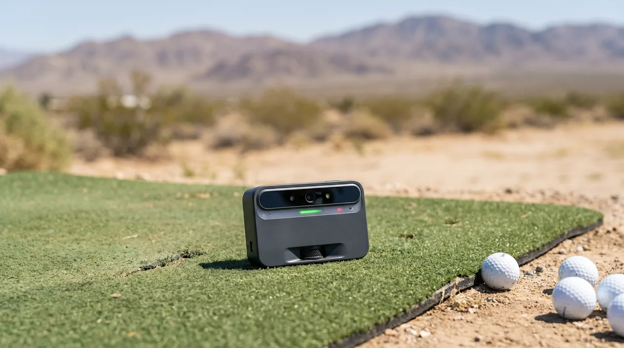 Golf launch monitor device positioned on a practice mat at an outdoor desert driving range