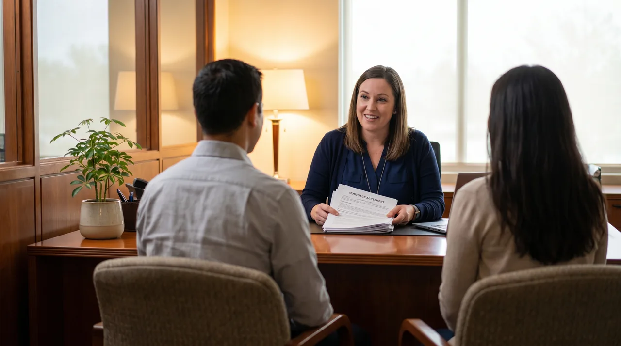 A loan officer reviews mortgage paperwork across a desk with a couple seen from behind