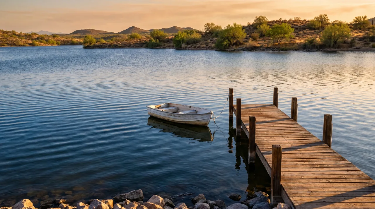 A lone boat moored at a private pier on a tranquil desert lake in the Las Vegas area