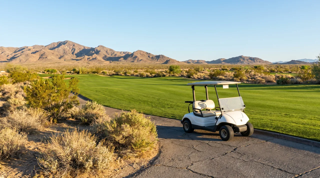 A single white golf cart parked on a cart path beside a green fairway on a desert golf course with distant mountains