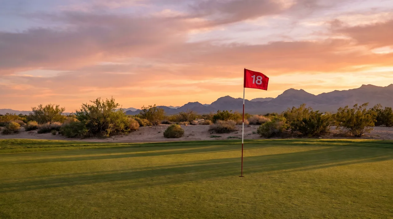 Lone golf flag on an empty green in the Las Vegas desert at sunset