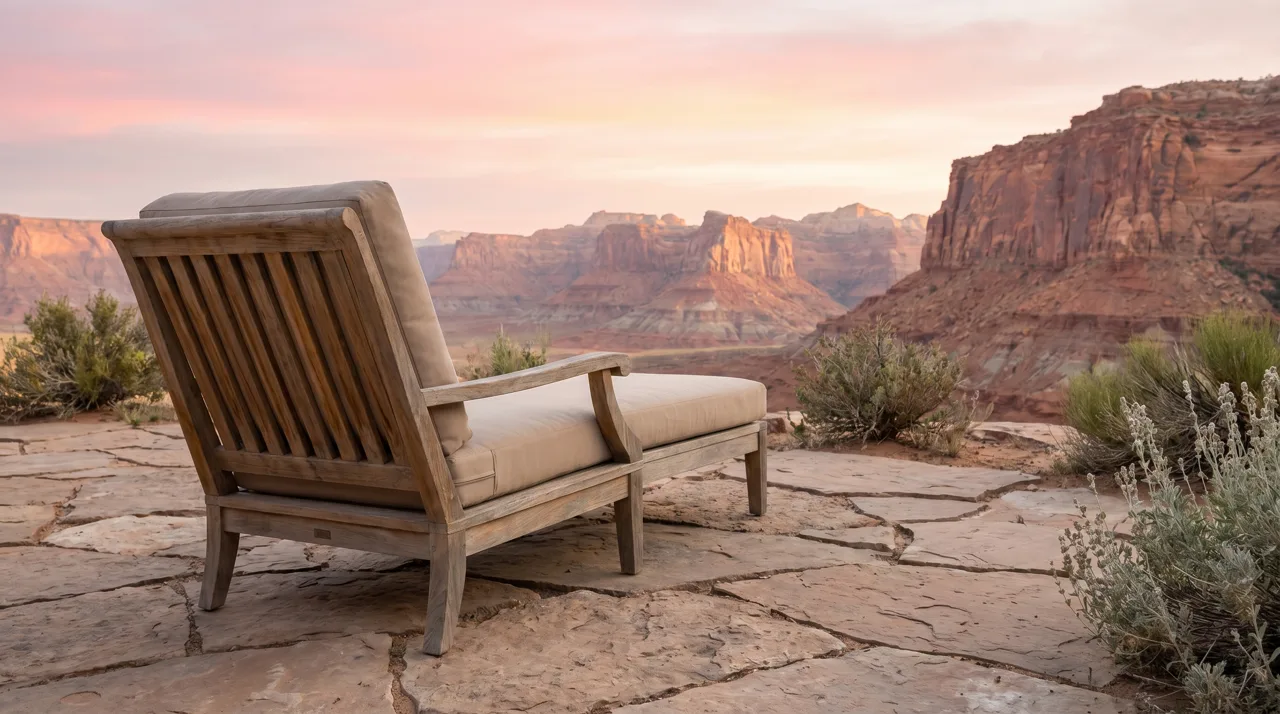 Outdoor lounge chair on a stone patio facing red sandstone cliffs in the Las Vegas desert at sunrise