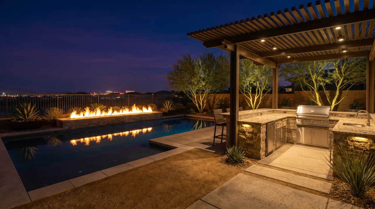 Luxury Las Vegas backyard at night with a linear fire feature along the pool, built-in outdoor kitchen, and pergola with dramatic landscape lighting