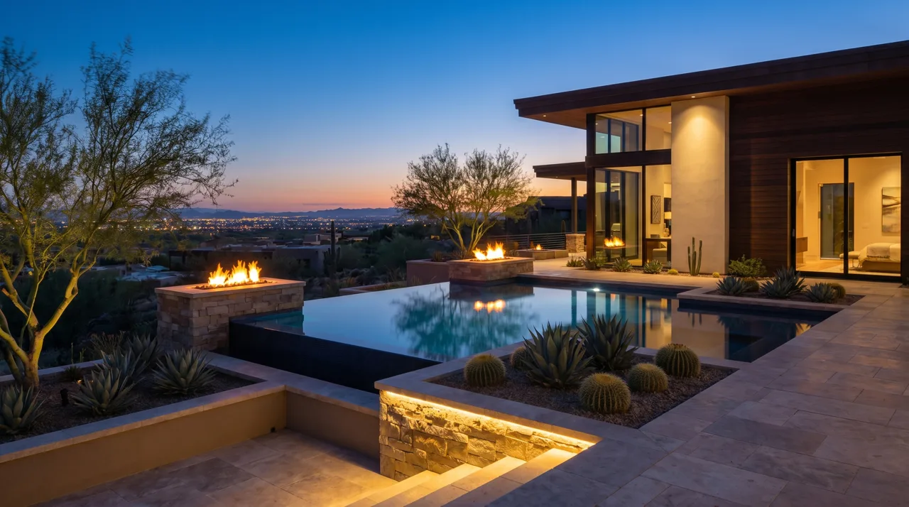 Luxury desert contemporary backyard with infinity pool, fire bowls, and city lights glowing in the distance at dusk