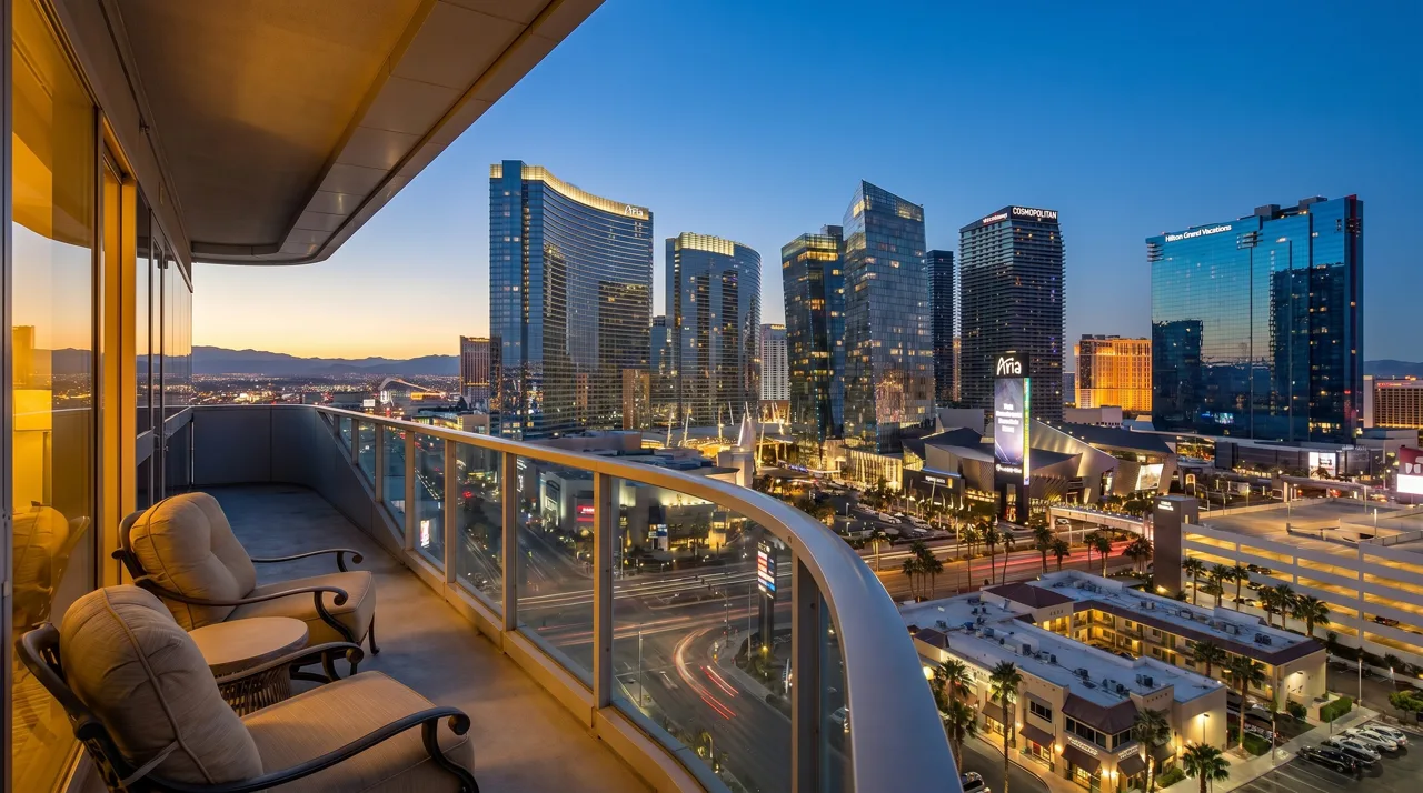View from a luxury high-rise condo balcony looking toward the Las Vegas Strip and CityCenter towers