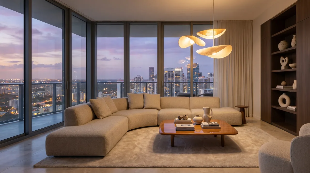 Modern luxury high-rise condo living room with floor-to-ceiling windows overlooking a city skyline at dusk