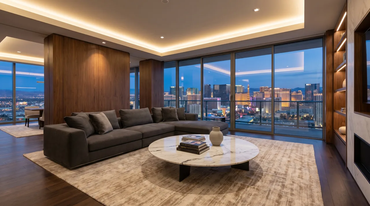 Interior of a luxury Las Vegas high-rise condo living room with floor-to-ceiling windows overlooking the Strip skyline