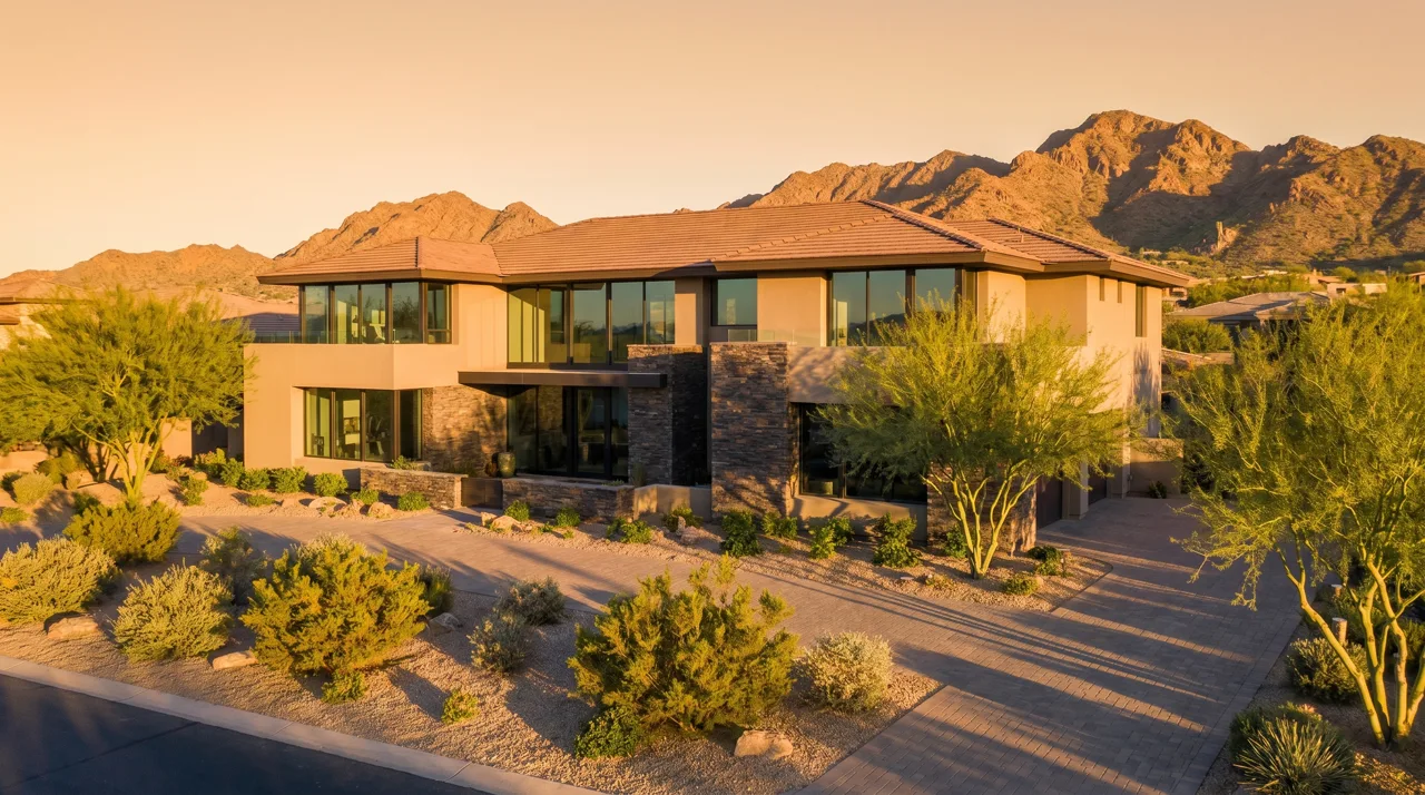 Luxury contemporary home in the Las Vegas desert with mountains in the background at sunrise