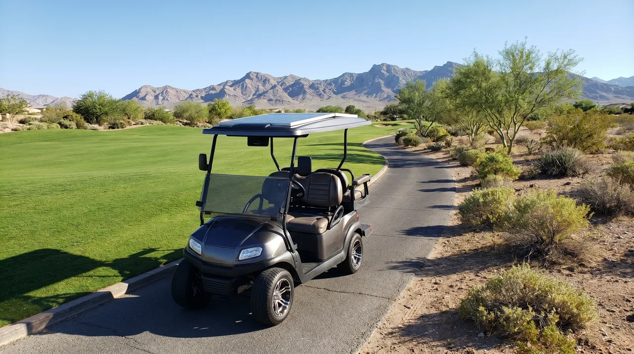 A luxury golf cart parked on a paved cart path in a Las Vegas desert golf course
