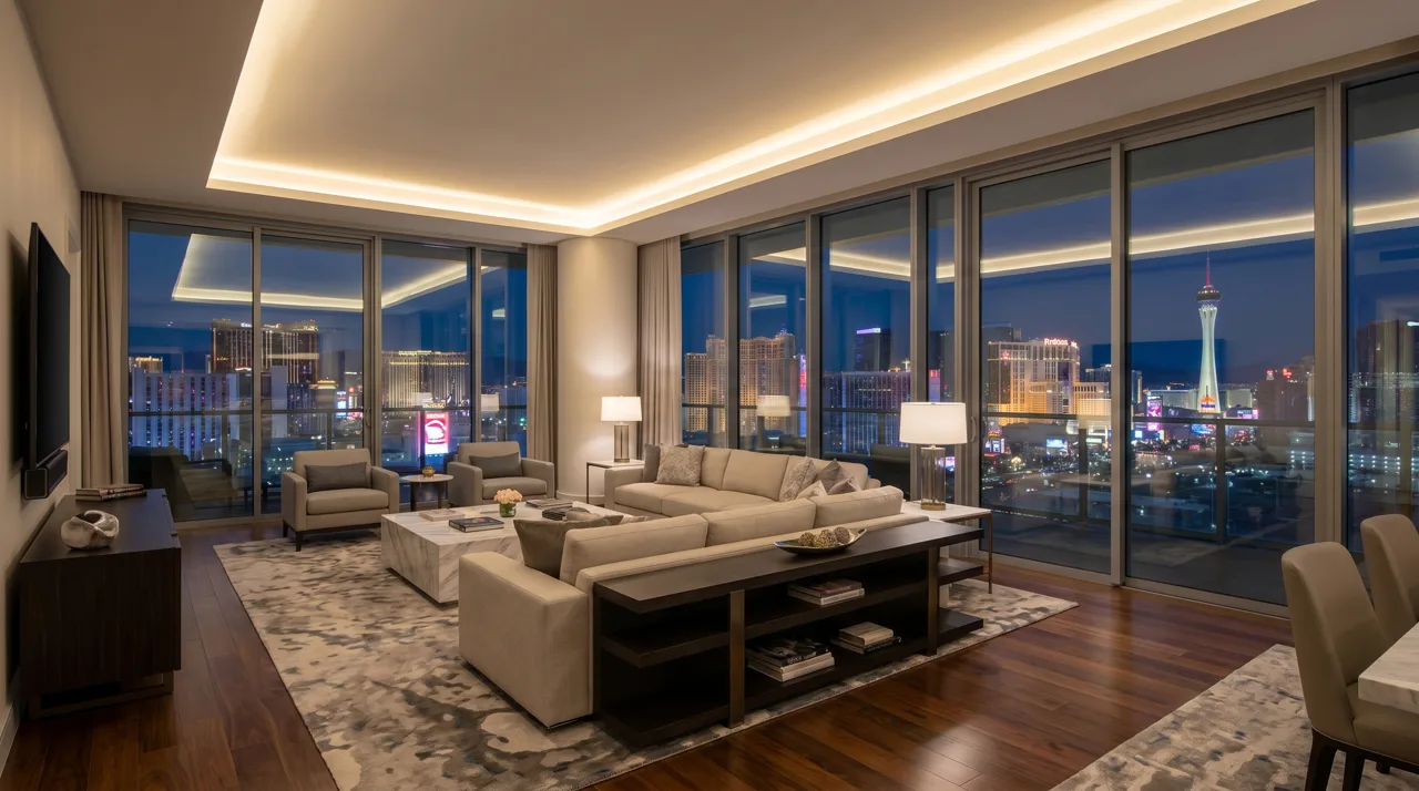 Luxury high-rise condo interior with floor-to-ceiling windows overlooking the Las Vegas Strip at night