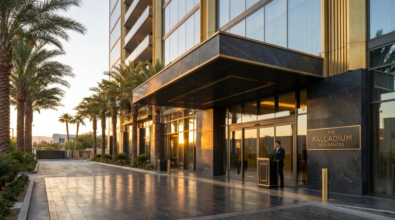 Entrance and porte-cochere of a luxury Las Vegas high-rise condo tower at golden hour with valet stand and palm-lined driveway