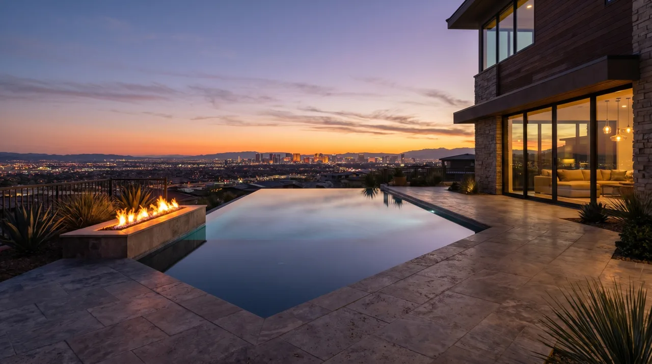Modern luxury hillside home with an infinity-edge pool overlooking the Las Vegas Strip skyline at dusk