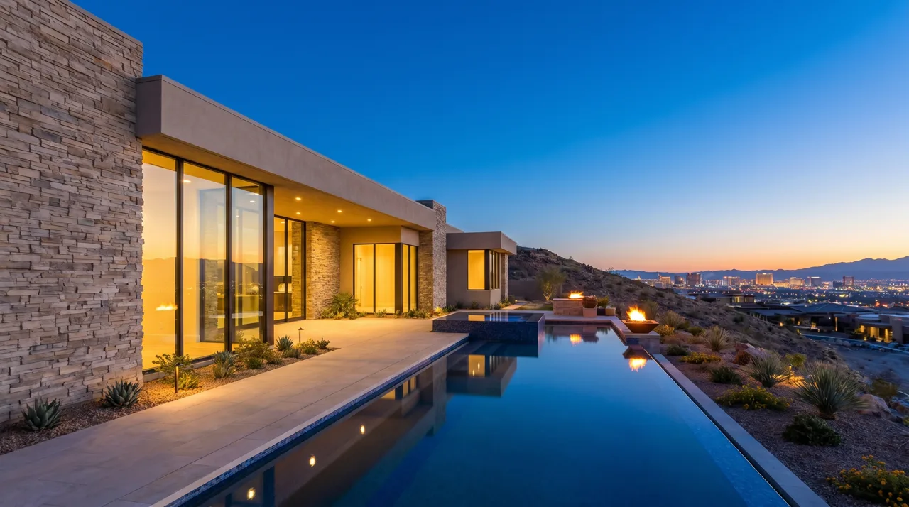 Luxury Las Vegas home exterior at dusk with distant city lights visible across the valley