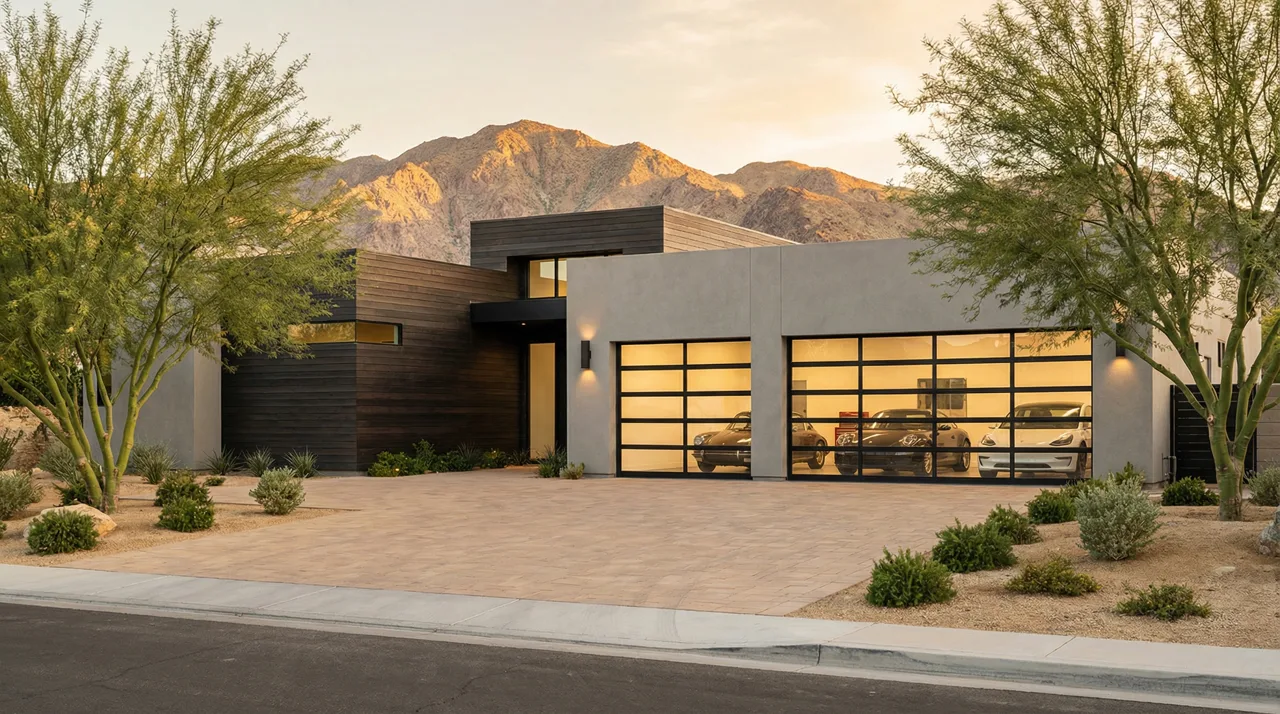Modern luxury Las Vegas home exterior with glass garage doors and a wide stone motor court