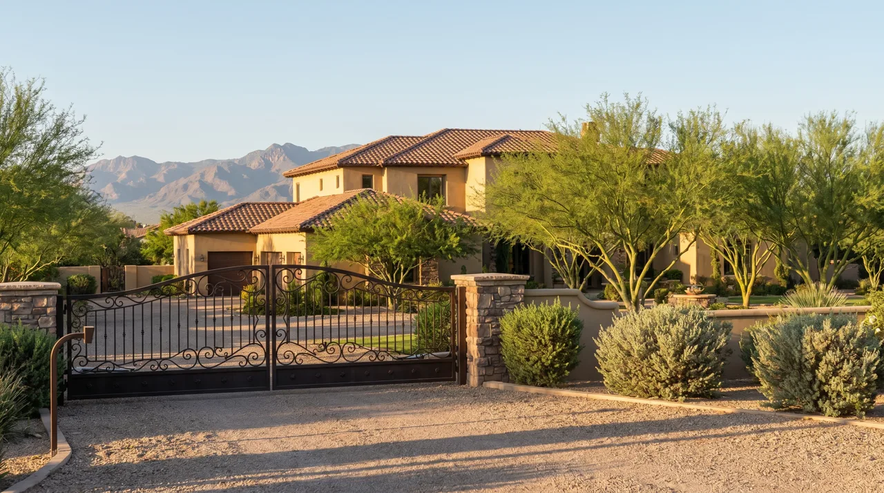 Ornate wrought-iron entry gate to a luxury Las Vegas community with a stucco estate home visible beyond