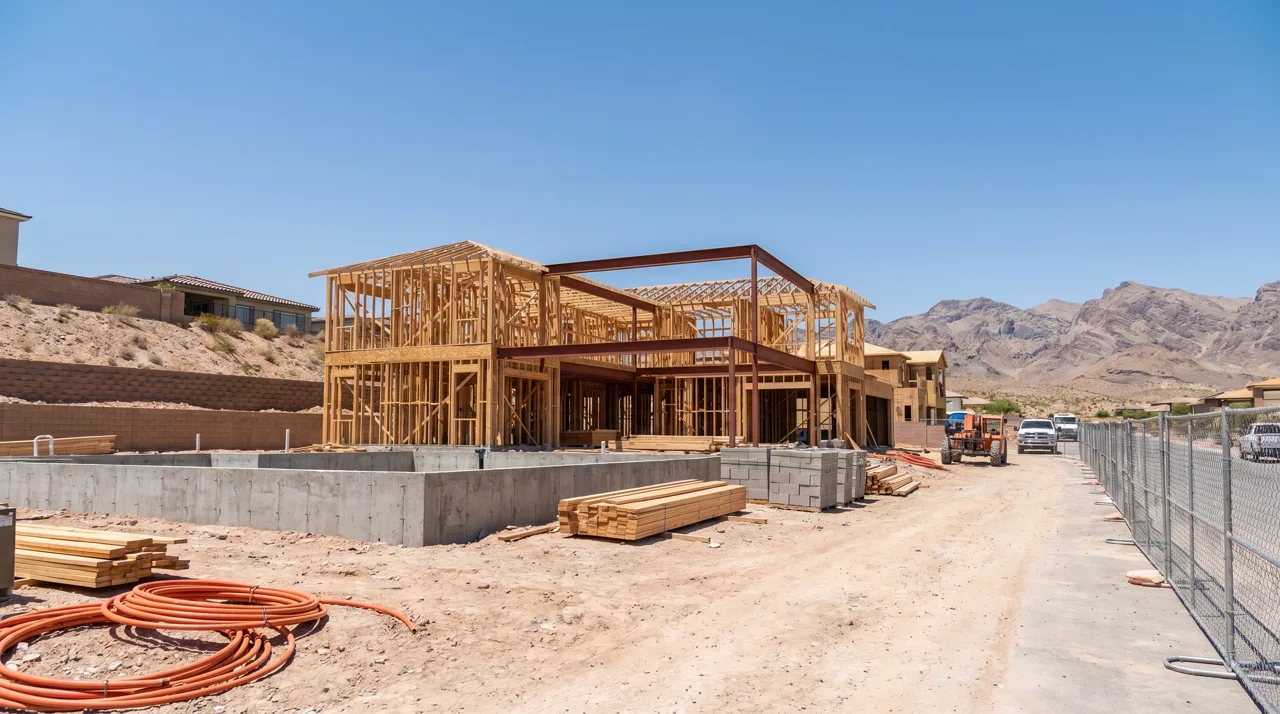 Luxury home under construction on a Henderson hillside lot with desert mountains in the background