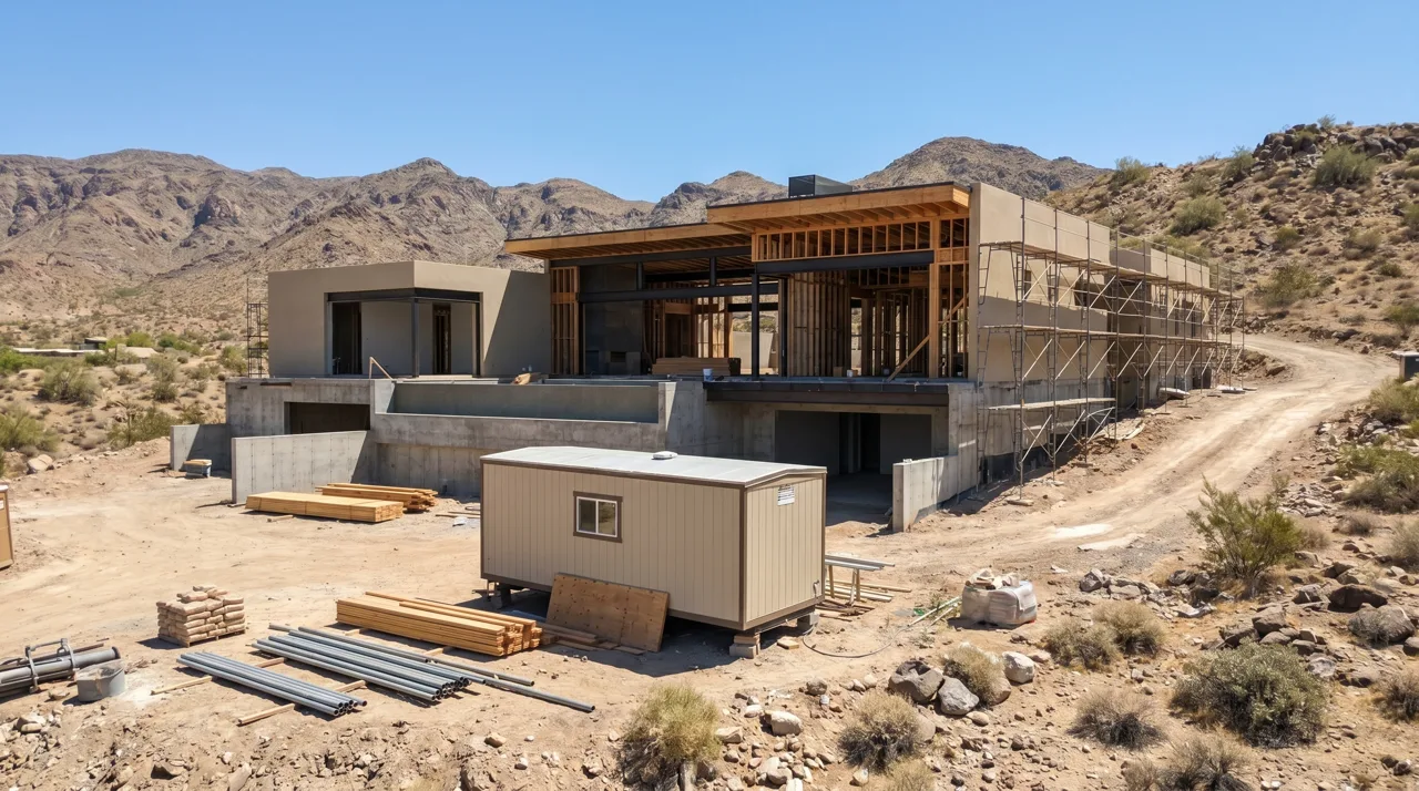 Modern luxury custom home under construction with mountain views in a Las Vegas guard-gated community