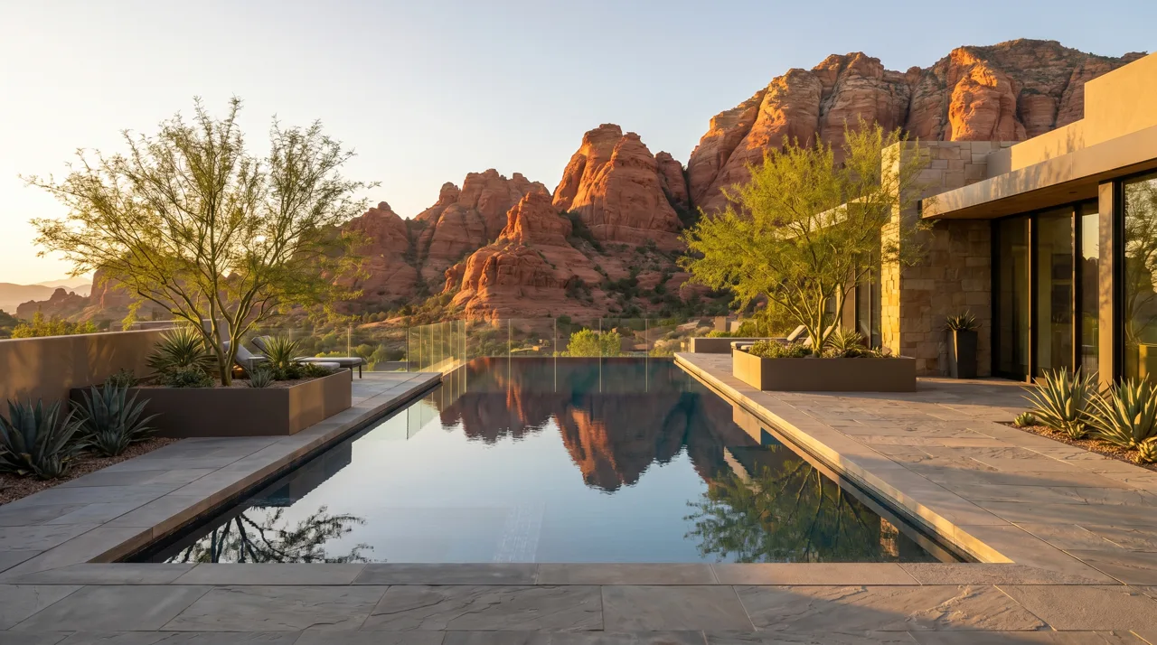Luxury home infinity pool with dramatic red sandstone mountain backdrop near Las Vegas