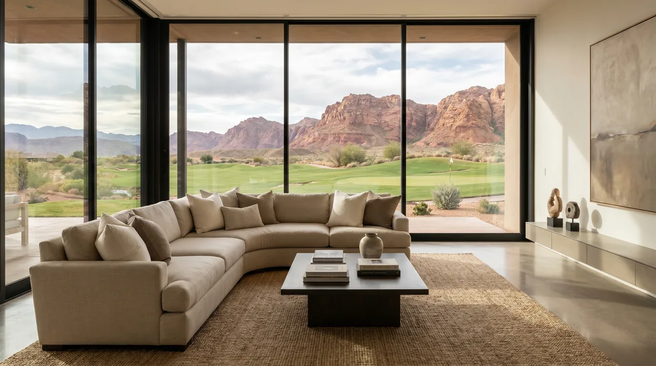 Luxury home interior with large windows overlooking a golf course and red rock mountains