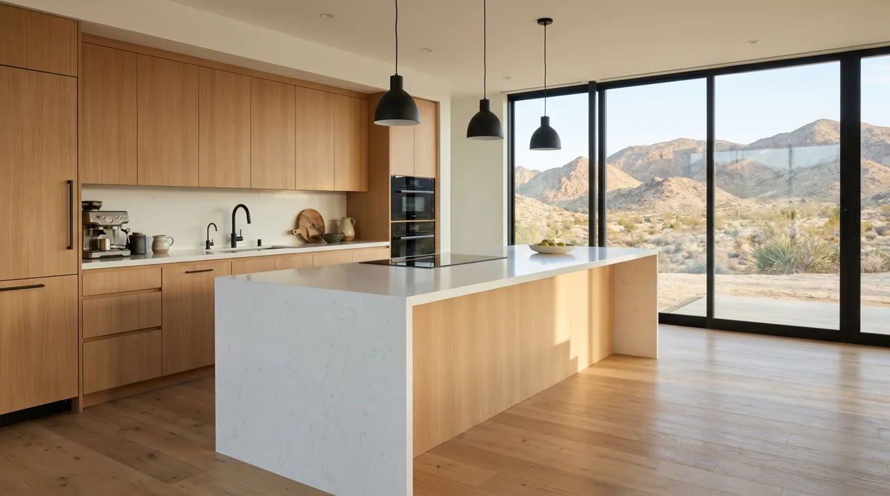 Luxury kitchen interior with waterfall quartz island and floor-to-ceiling windows overlooking desert mountains
