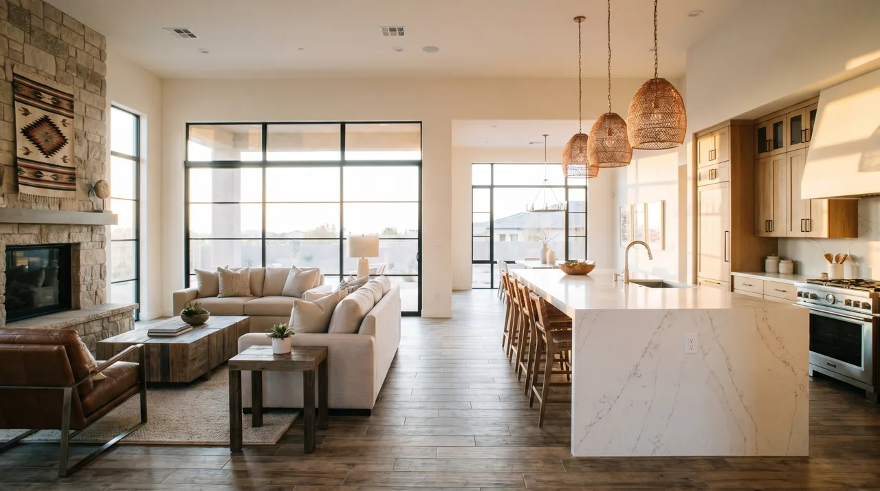 Interior of a luxury Las Vegas model home with quartz waterfall island and modern staged furniture
