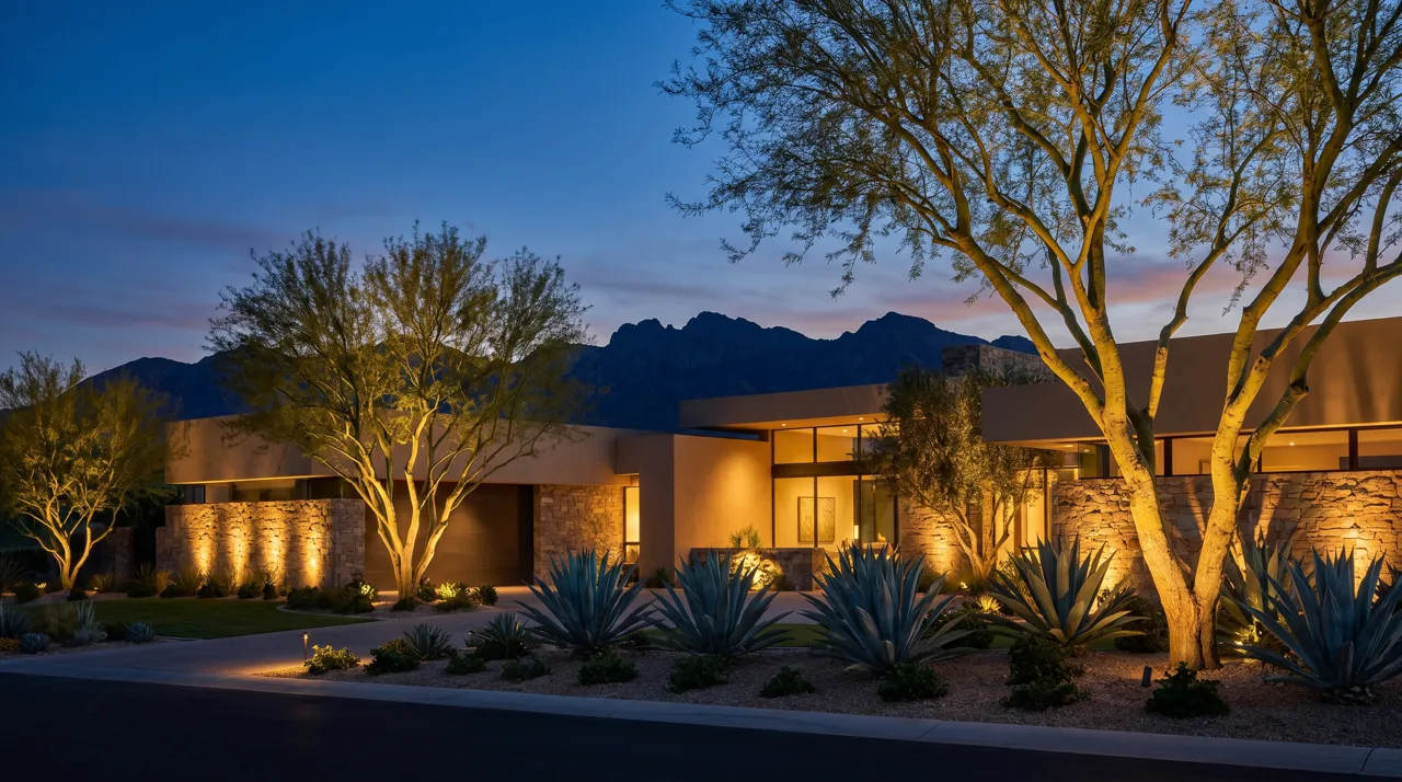 Luxury Las Vegas home at twilight with warm uplighting on agaves, palo verde trees, and stacked stone walls