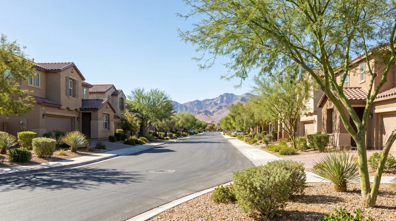 Tree-lined residential street in a Las Vegas master-planned community with desert landscaping and stucco homes