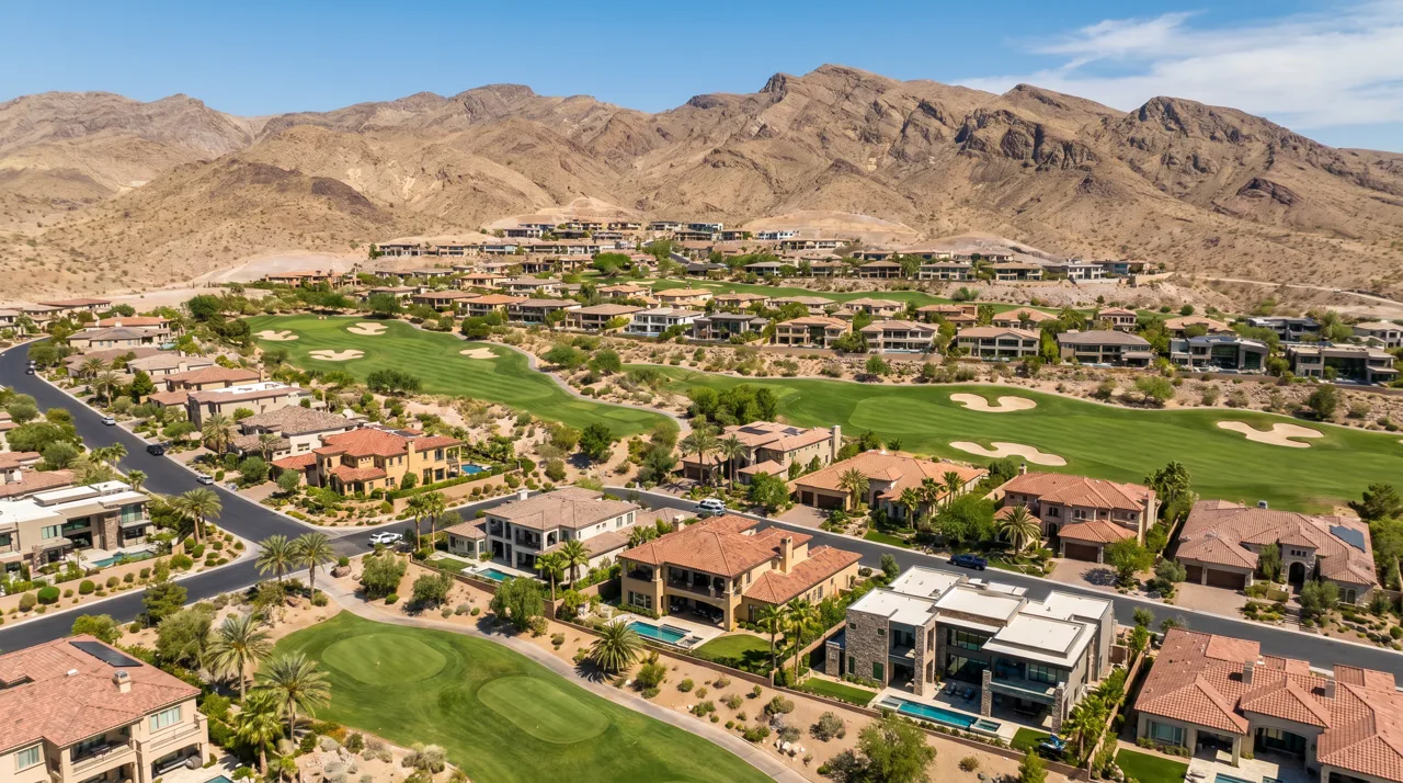Aerial view of the MacDonald Highlands hillside community in Henderson with custom homes built into the mountainside