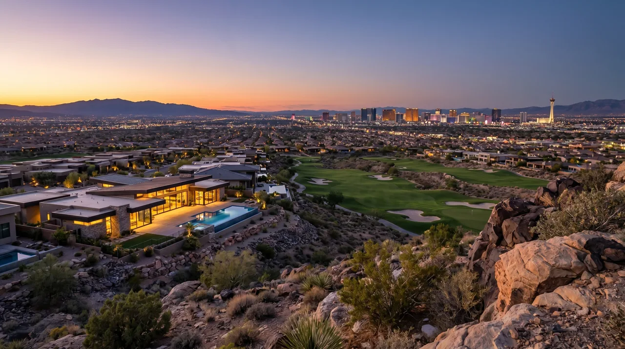 Elevated view of luxury hillside estates in MacDonald Highlands Henderson with the Las Vegas Strip skyline in the distance at dusk