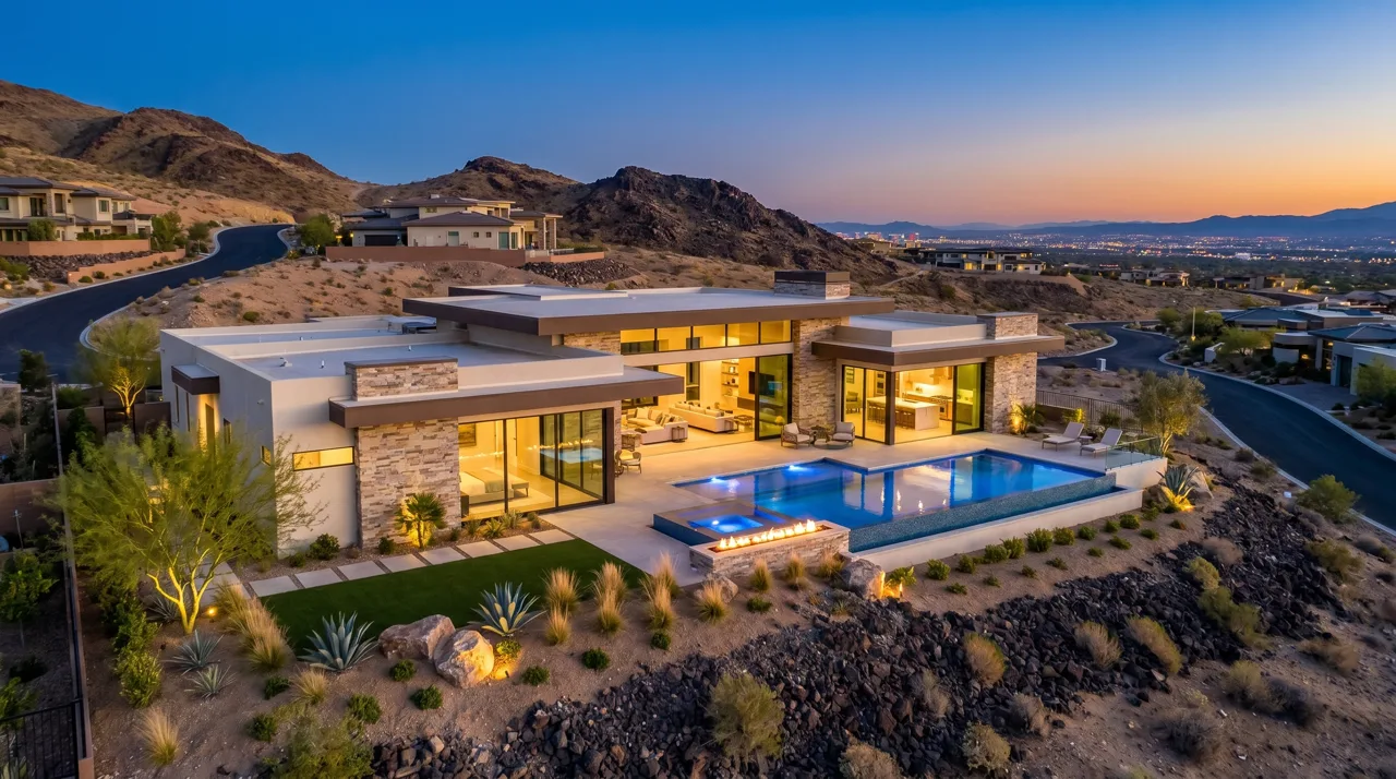 Luxury custom home exterior in MacDonald Highlands Henderson with desert landscaping and mountain views