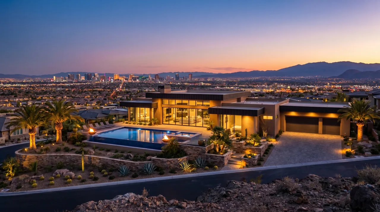 Modern luxury custom home perched on a MacDonald Highlands hillside ridge with the Las Vegas Strip visible in the distance