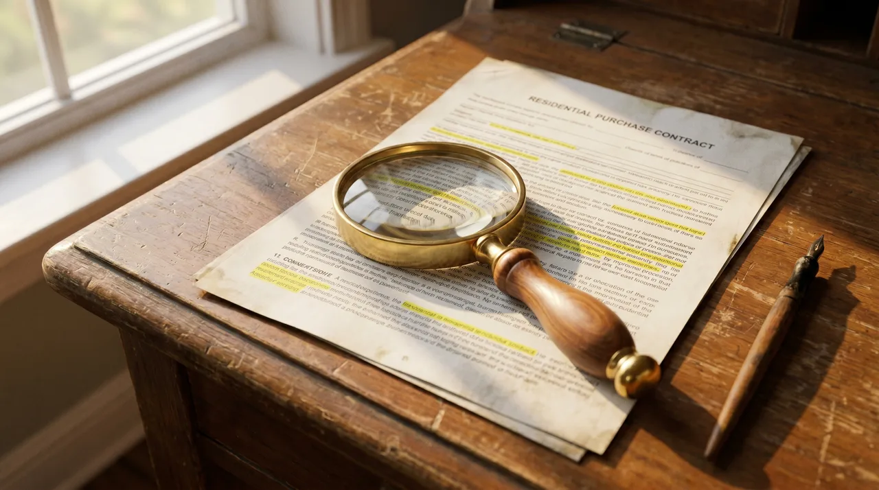Magnifying glass resting on a residential purchase contract with highlighted key terms