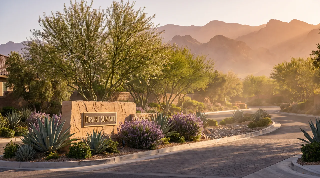 Landscaped gated entrance to a Las Vegas master-planned community with desert plants
