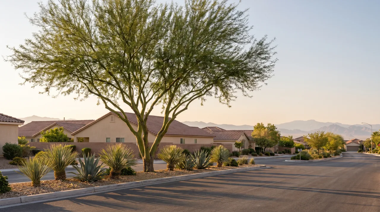 Mature palo verde tree casting morning shadows on a quiet residential street in a Las Vegas desert neighborhood