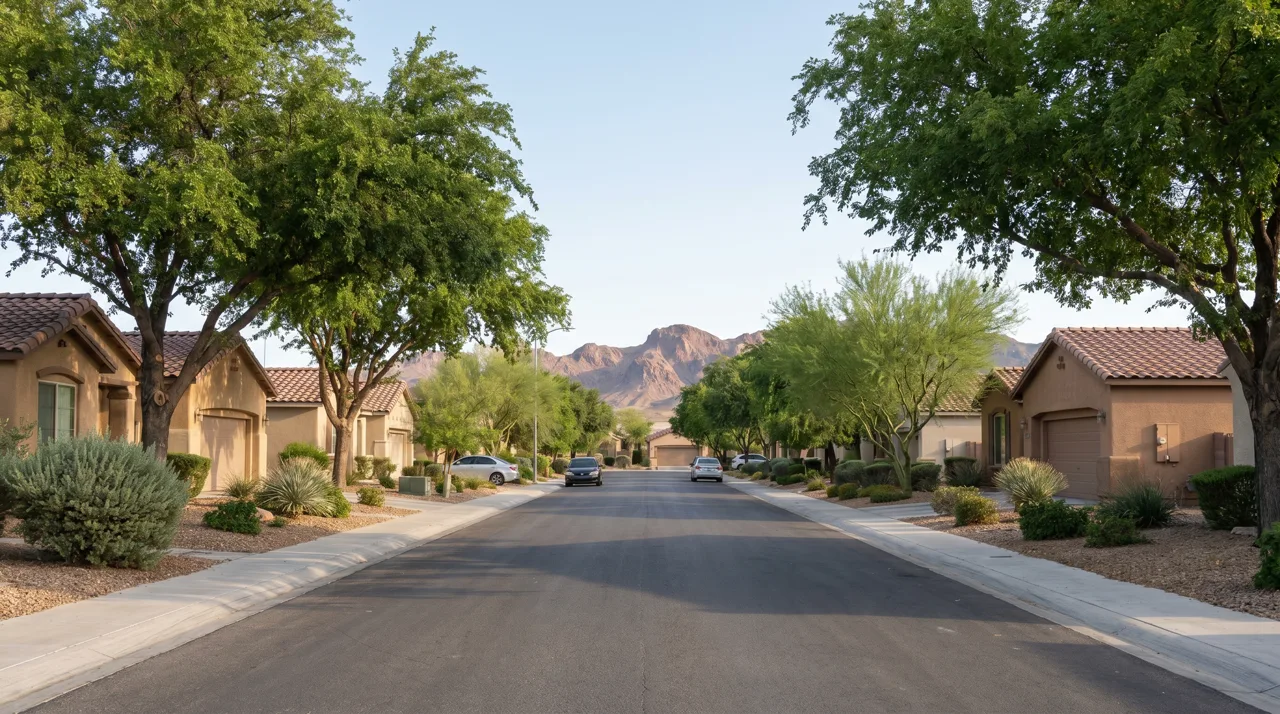 Quiet residential street in mature suburban Henderson with established shade trees and single-family ranch homes