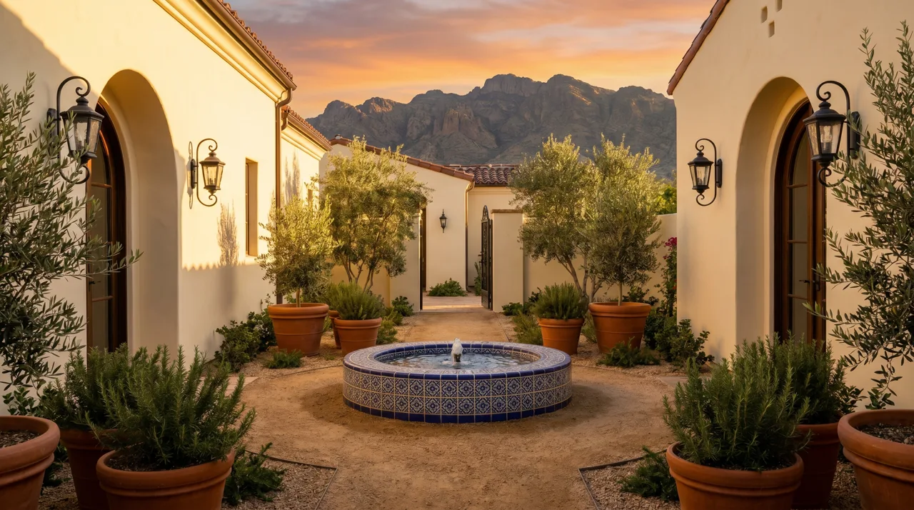 Mediterranean-style stucco courtyard with a central tiled fountain at sunset