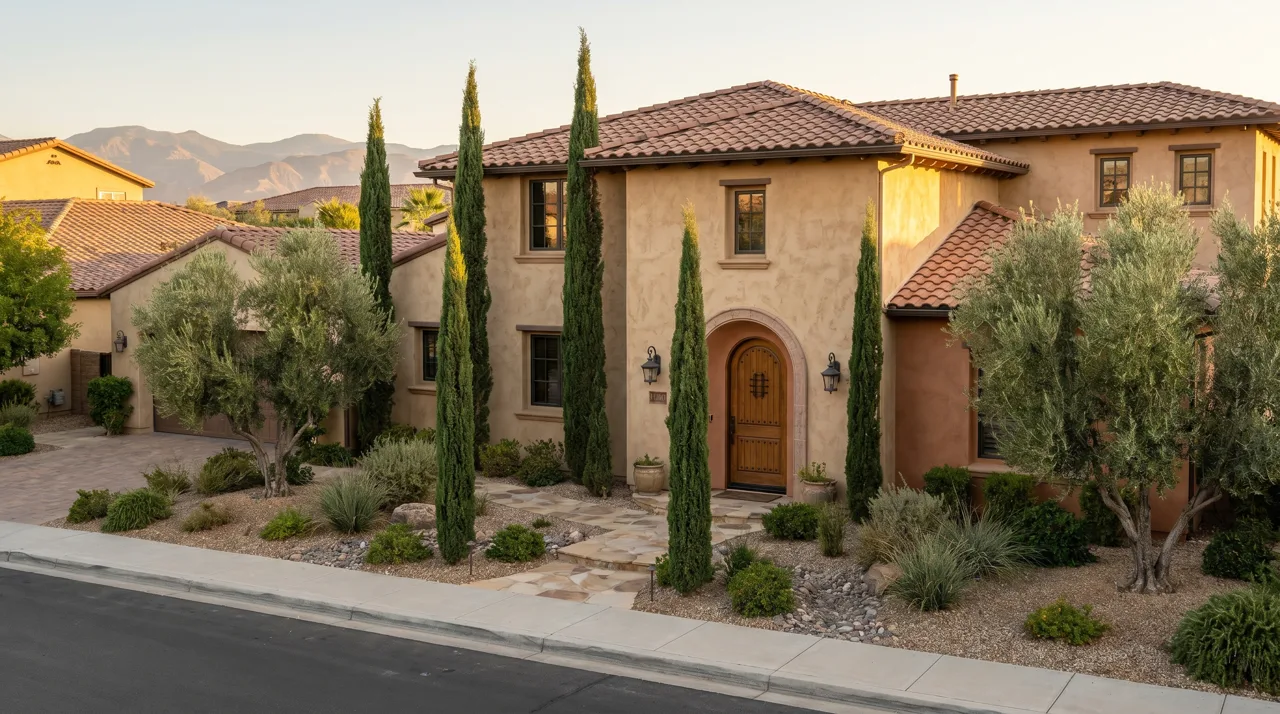 Mediterranean-style home with clay tile roof and arched entryway in Henderson Nevada
