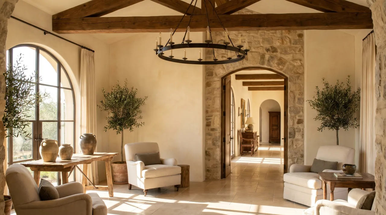 Mediterranean-style interior featuring exposed dark wood ceiling beams and a stone arched doorway