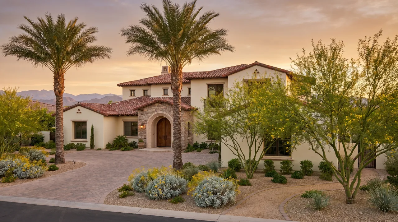 Mediterranean-style luxury home with stucco exterior and tile roof in a Las Vegas luxury community