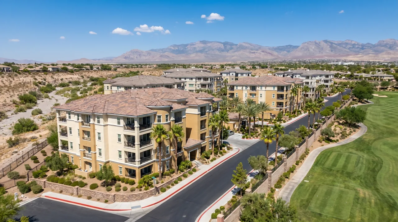 Mediterranean-style mid-rise condominium complex with tile roofs and golf course views in Summerlin Las Vegas
