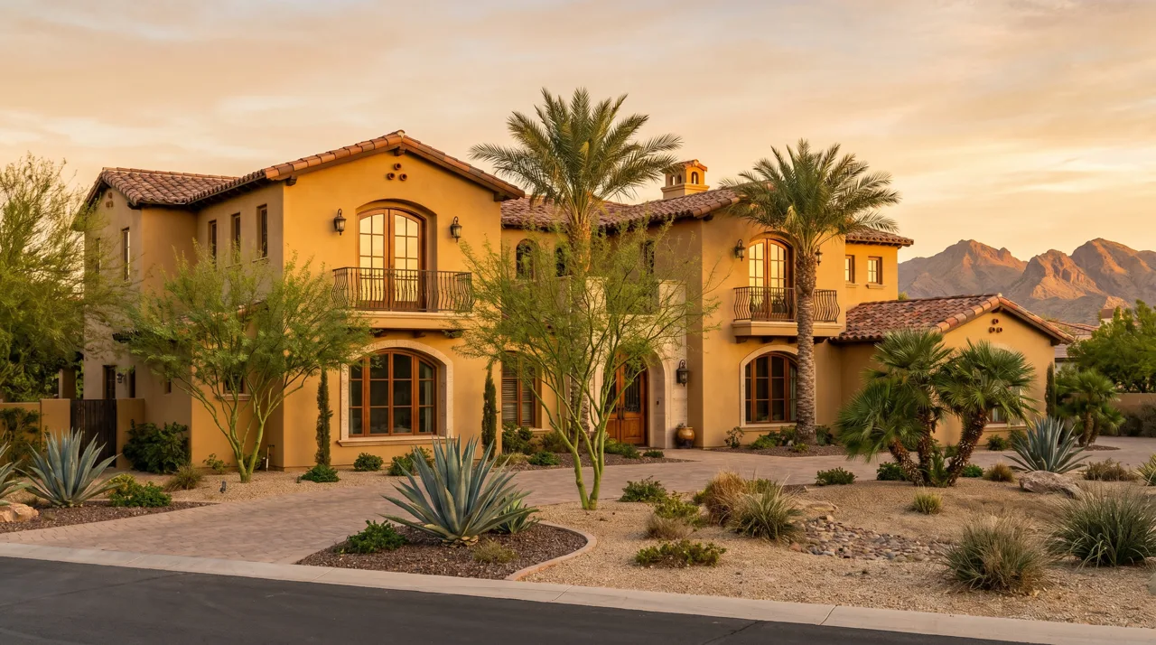 Mediterranean-style luxury home exterior in a Las Vegas master-planned golf community