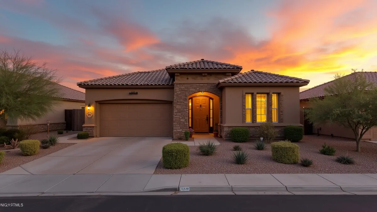Mediterranean tile-roof house in Las Vegas desert at sunset