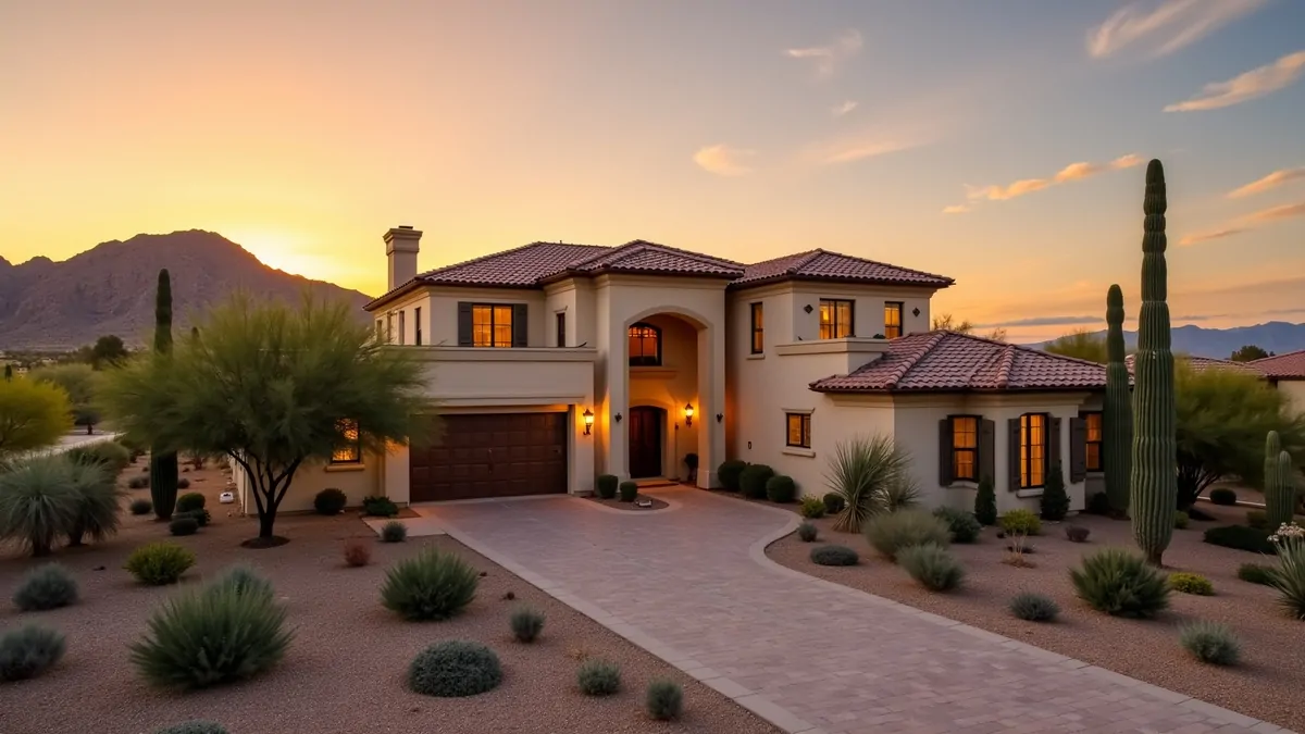 A Mediterranean villa amid the Las Vegas desert at sunrise, simple and elegant