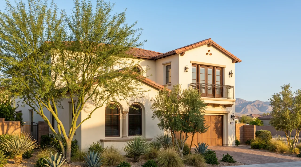 Mediterranean-style villa with stucco walls and terracotta tile roof in a Las Vegas desert setting at morning