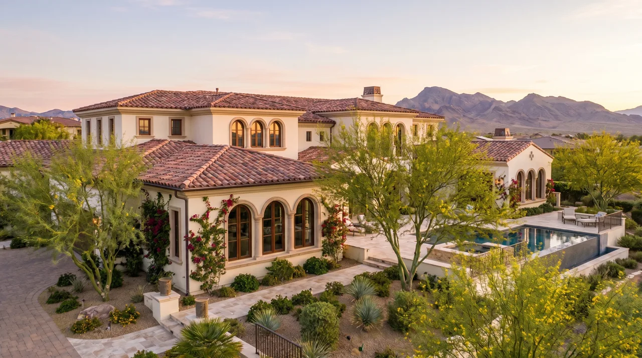 Mediterranean-style luxury villa with tile roof in a Las Vegas desert setting at sunrise