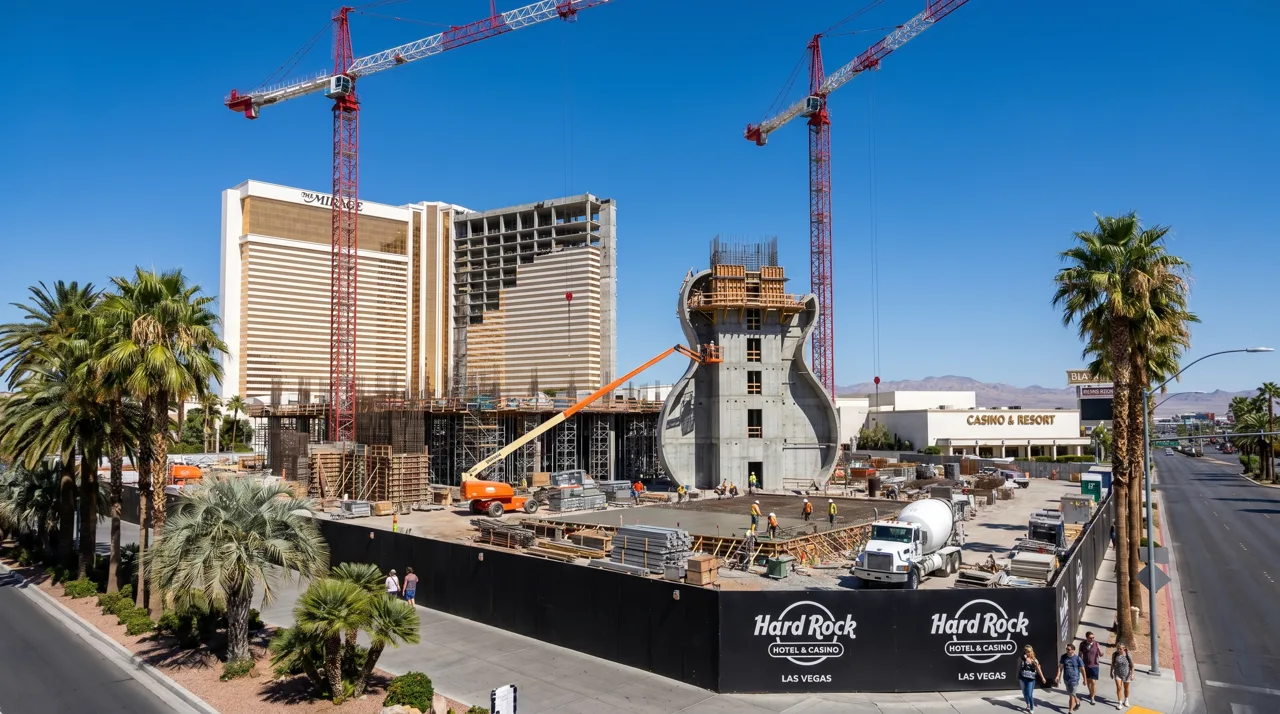 Construction cranes rising over the former Mirage site on the Las Vegas Strip during the Hard Rock rebuild