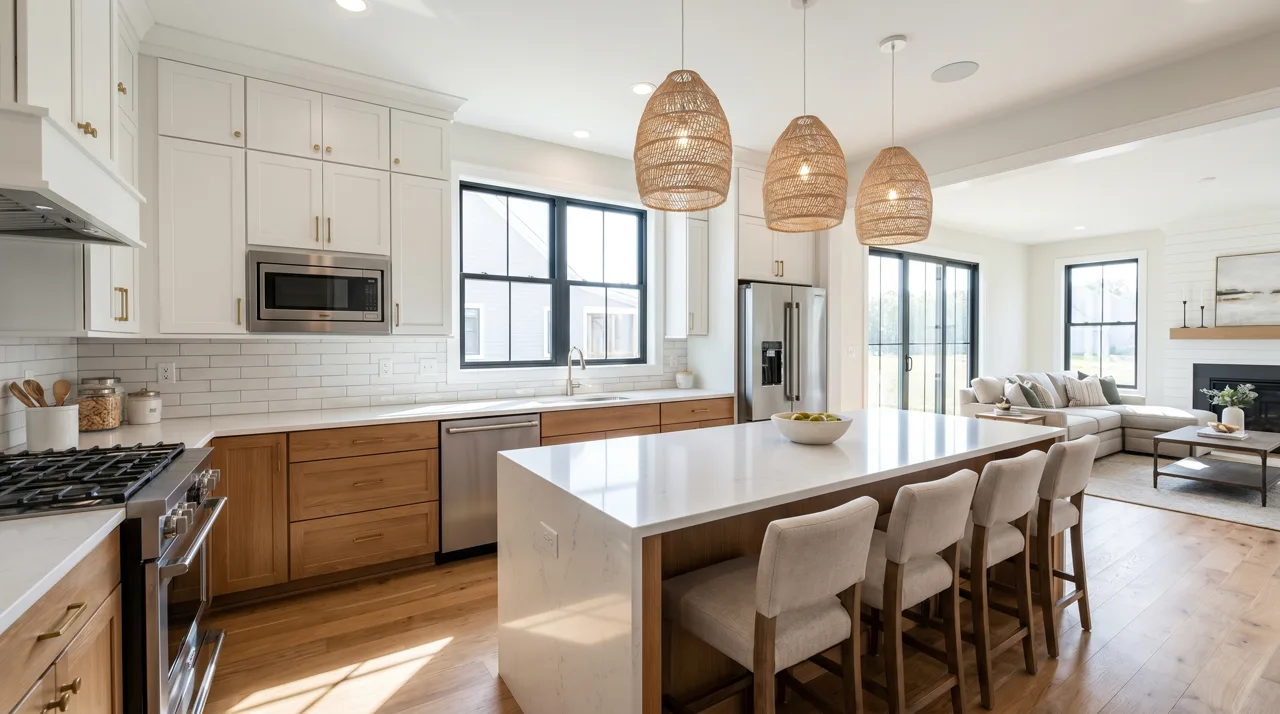 Interior view of a newly built model home kitchen with modern finishes and a large island