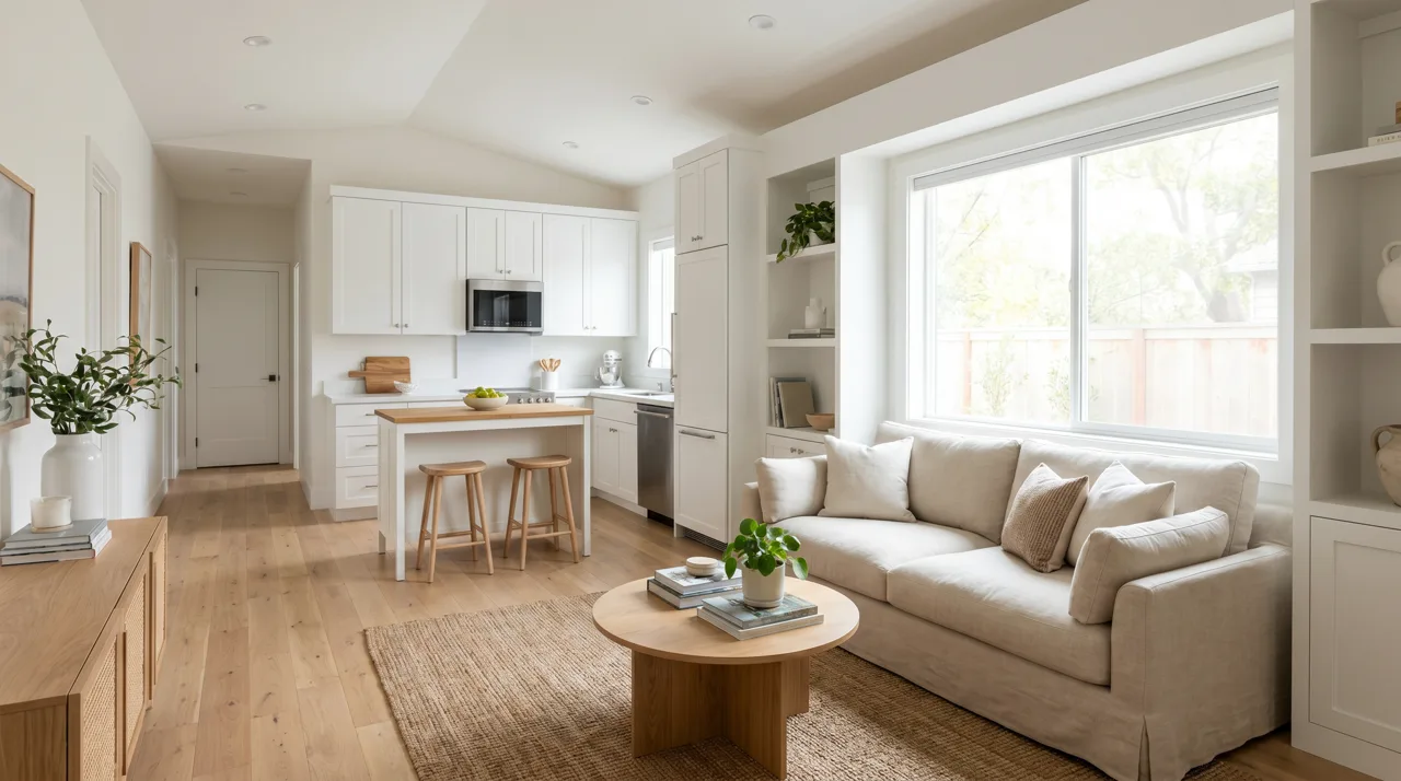 Interior of a small modern accessory dwelling unit with a compact kitchen and living area
